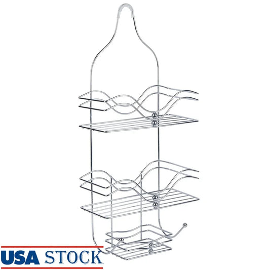 2 Tier Metal Shower Caddy with Hooks Durable Rust Resistant Chrome Finish Hanging Organizer Bathroom Storage