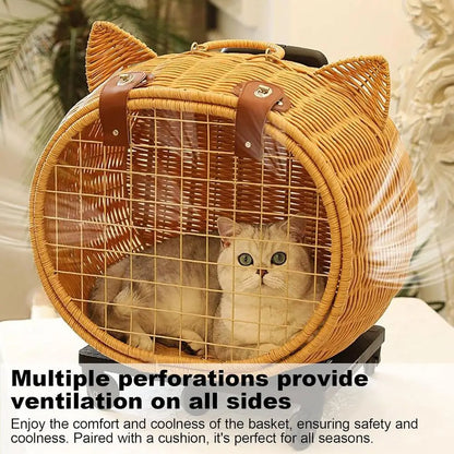 Portable Pet Stroller for Small Dogs and Cats - Rattan Basket on Wheels, Ideal for Outdoor Adventures and Beach Strolls