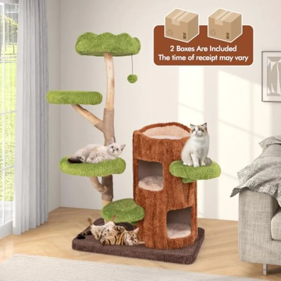 55 Inch Wood Cat Tree Multi-Level Tower for Indoor Cats with Double Decker House Scratching Posts Sisal Board Soft Padded Platf