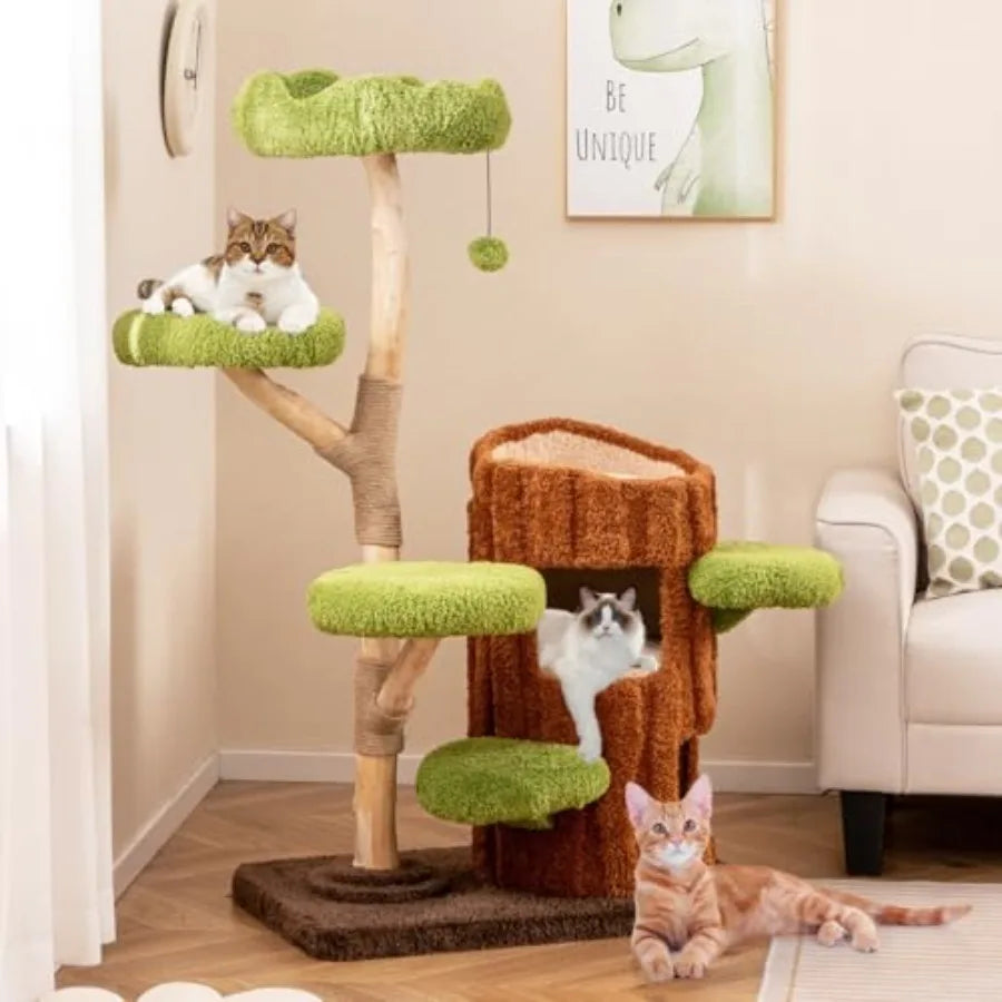 55 Inch Wood Cat Tree Multi-Level Tower for Indoor Cats with Double Decker House Scratching Posts Sisal Board Soft Padded Platf