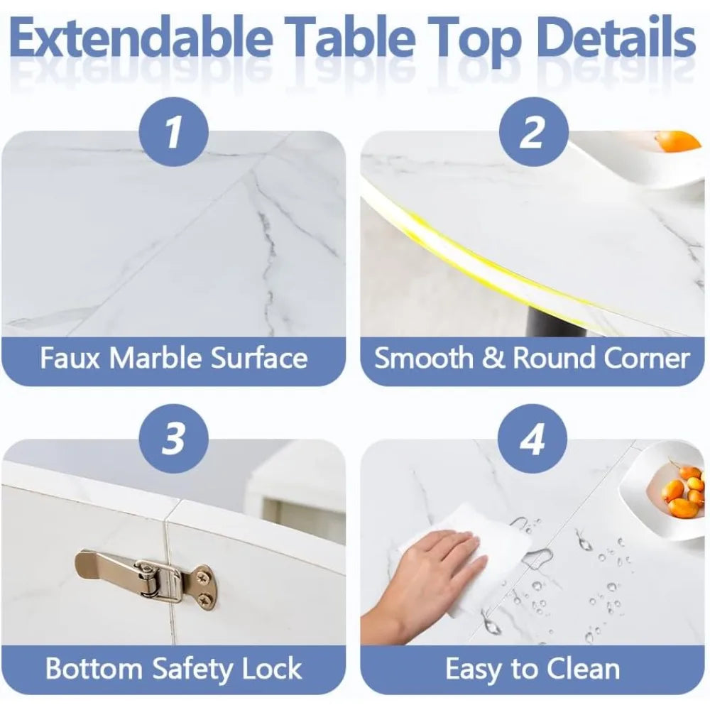 42"-54" Extendable Dining Room Table Set for 6, Round Dining Table Set for 6, White Kitchen Table with Upholstered Chairs