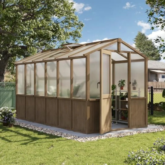 6x12 FT Wooden Greenhouse for Outdoors Polycarbonate Panel Walk-in Green House Kit with Adjustable Roof Vent and Lockable Door