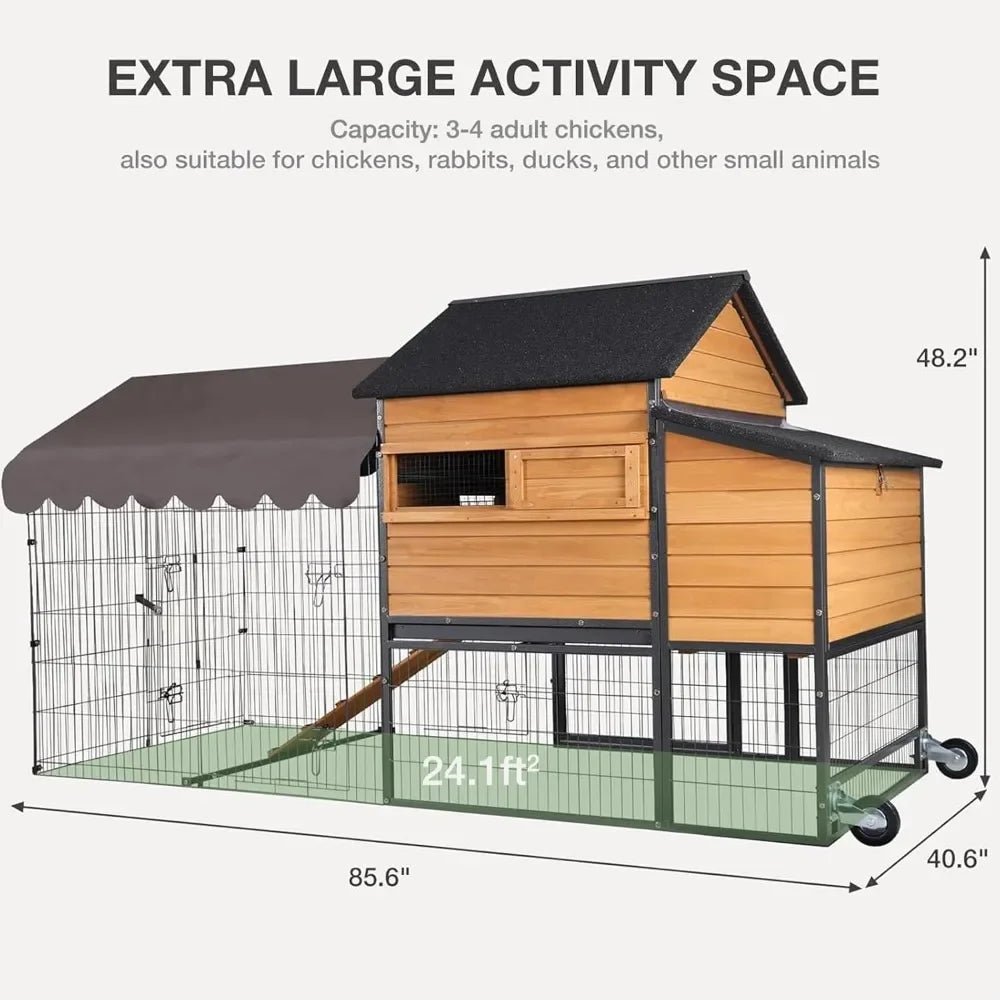 Chicken Coop with Wheels, Spacious 85 Metal Frame Chicken House with Nesting Box and Leakproof Pull on Tray
